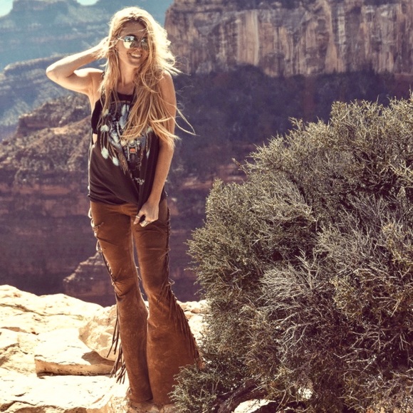 LONG LENGTH Hip Hugger Fringe Bell Bottoms in GOLDEN BROWN TIE DYE - XS S M L XL - Picture 8 of 14